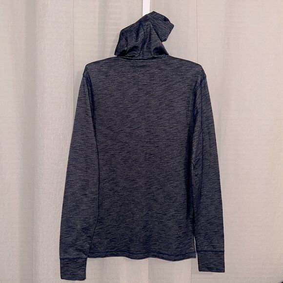 Guess M Hooded Long Sleeve Heathered Blue Chambray Trim Tee Henley - Picture 3 of 13
